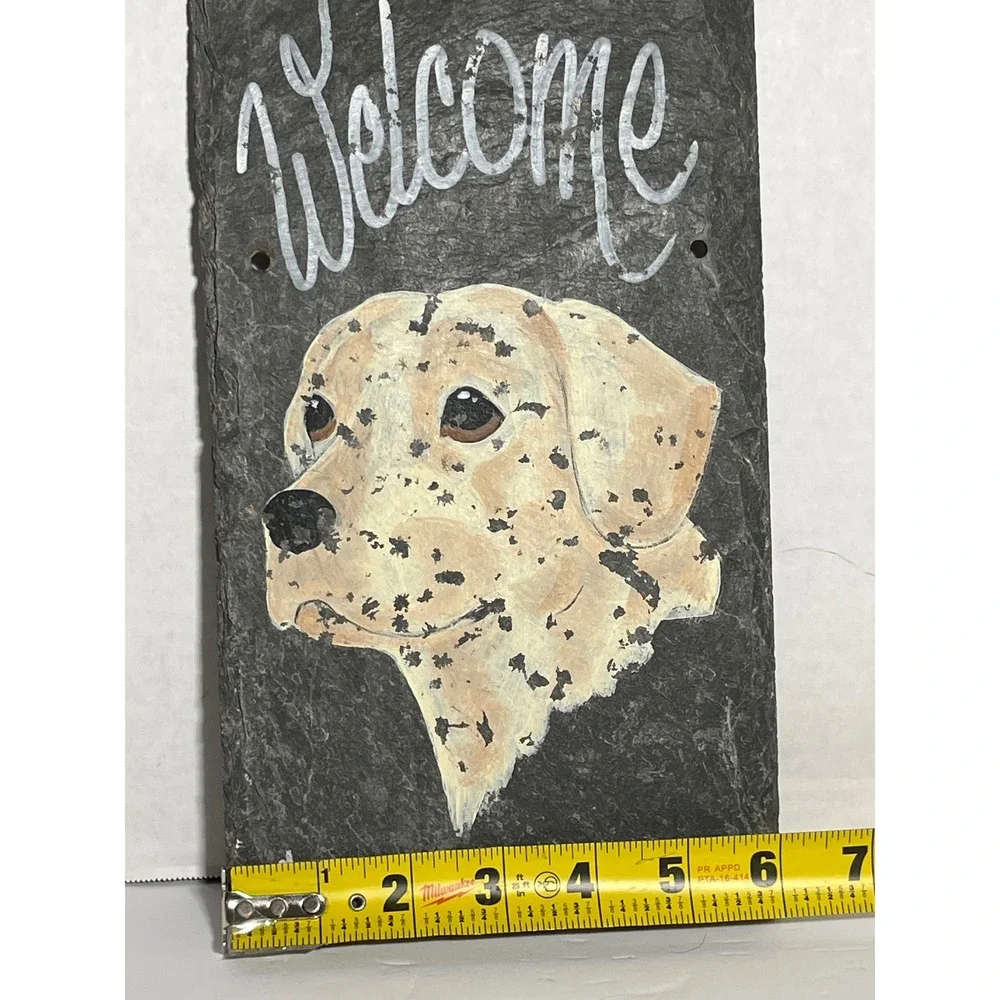 Hand Painted Slate Welcome Sign Yellow Labrador Retriever Dog Rustic Stone Decor